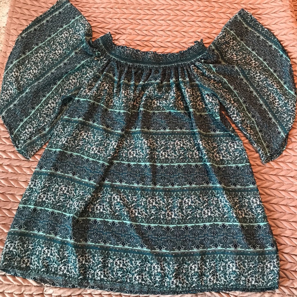 Turquoise Haven smocked off shoulder blouse